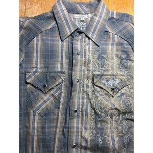 Y2K Manchester Esc Pearl Snap Embroidered Shirt Men's L Western Cowboy Plaid Raw